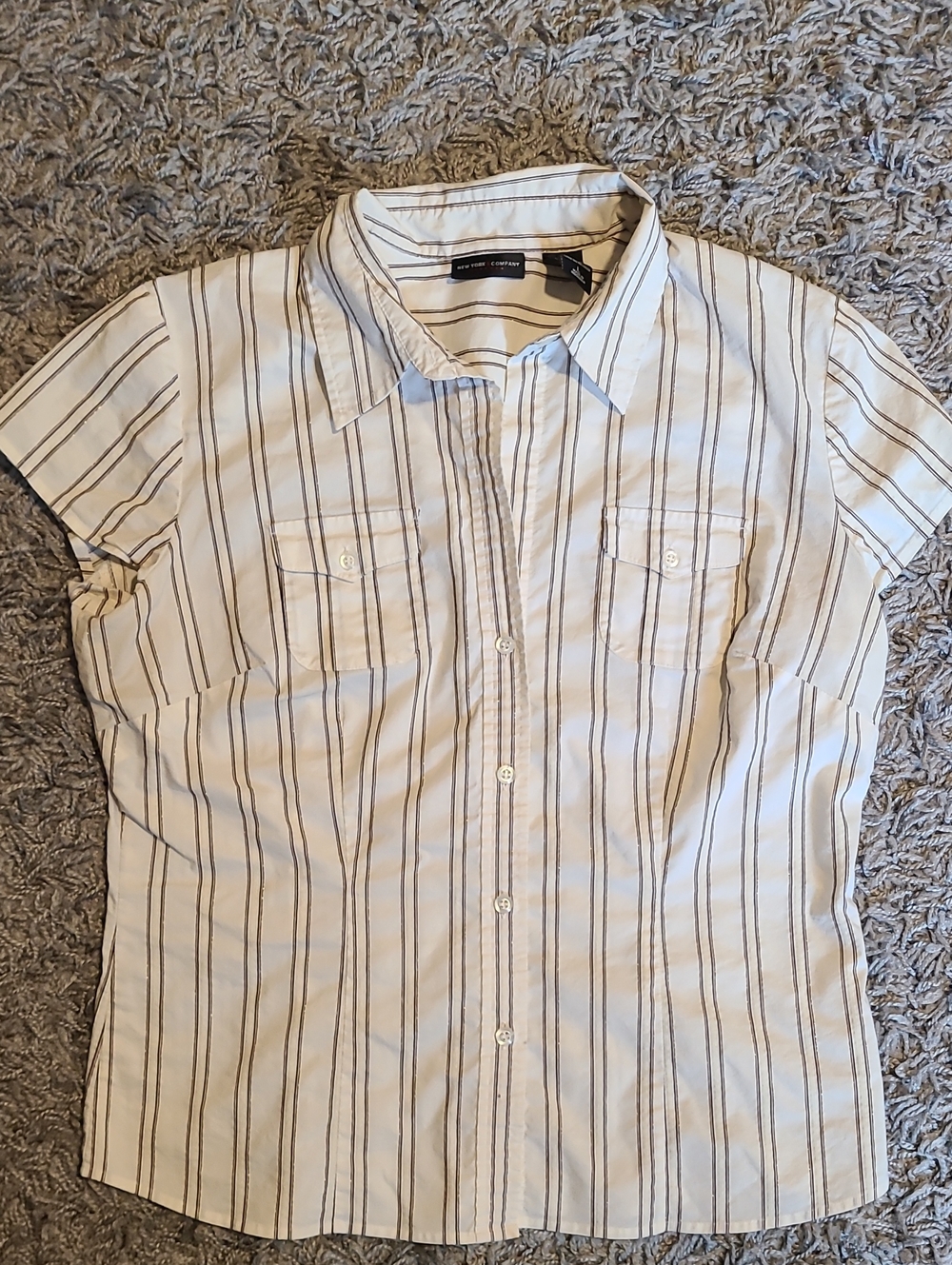 New York & Company White Button-Down Shirt with Cream and Black Stripes